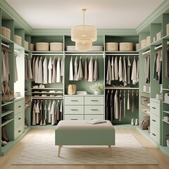This spacious walk-in closet features an open layout with a color palette primarily consisting of shades of mint green and beige, Generative Ai 