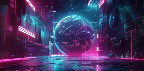 Obraz premium A neon-light futuristic planet in the center of an empty room, with glowing lines and cyberpunk elements surrounding it.