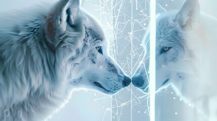 Ethereal Wolf Reflection Shines in Neon Lit Digital Fibers