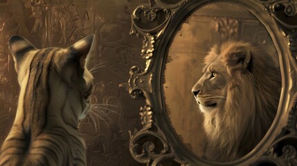 Feline Enchantment A Small Cat s Surreal Reflection Reveals a Majestic Lion in an Ornate Elegant Room