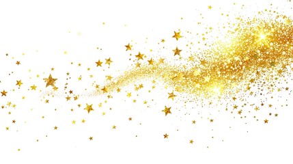 Gold glitter star dust trail on white background, stars and sparks. 