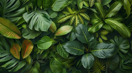 Fototapeta premium A group of green leaves with droplets of water on them. Green background