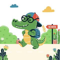 Back to school. Smiling crocodile in glasses and a cap goes to school.