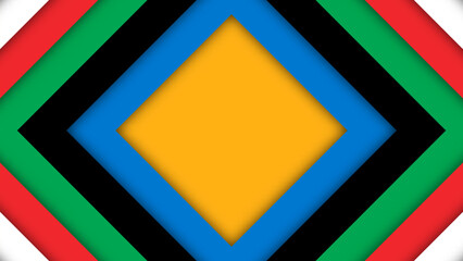 Abstract colored background for the Olympic Games. Geometric shapes in Olympic colors - red, green, orange, blue, black and white. Vector flag for sports games. Shape triangle, square