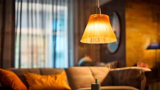 Video of glowing lamp hanging in a living room. Warm light cozy atmosphere. Interior decor concept