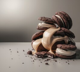 Background with scattered dark cookies. Whole chocolate cookies with rich, creamy filling oozing from the inside. Some cookies are broken, chocolate chips. Appetizing sweet banner with copy space