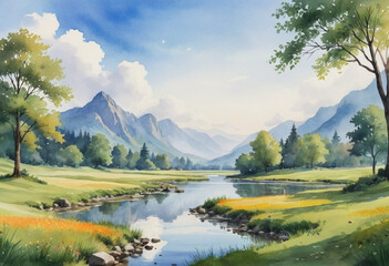  Watercolor painting of a serene landscape. 