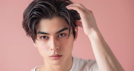 Fototapeta premium 髪の毛が気になる若い男性 AI