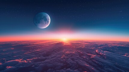 A breathtaking scene unfolds as the beautiful moon hangs in the night sky, casting its ethereal glow over the infinite clouds below