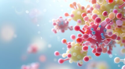 Colorful, detailed illustration of a virus with unique shapes and textures, highlighting scientific elements and microscopic views.