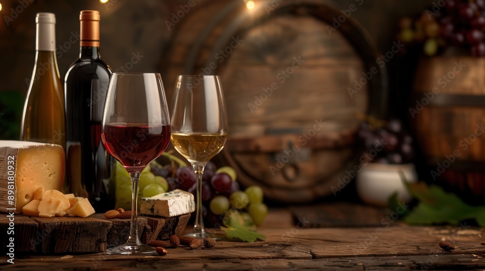 Poster Two wine glasses filled with red and white wine sit on a rustic wooden table alongside cheese and grapes, creating a cozy and inviting atmosphere. Generative AI