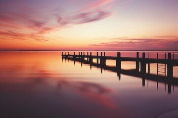Fototapeta premium Silhouette of a Wooden Pier at Sunset with a Reflective Water Surface
