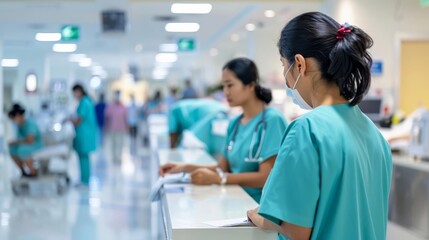 Busy hospital reception area with staff assisting patients, healthcare facility, patient care