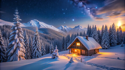 A cozy cabin glows with warm light in the snowy mountains, under a sky filled with stars