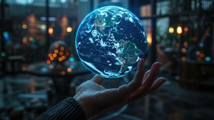 Fototapeta premium An illuminated digital globe presenting climate data and environmental metrics on public display: ecology and sustainability for a better future
