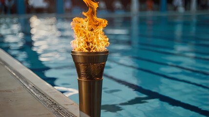 Flaming Glory: A Close-Up of the Olympic Torch at the Poolside