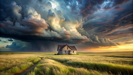 A single house stands in a field of tall grass with a large, dramatic storm cloud overhead. The setting sun casts a golden light on the horizon