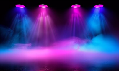 The stage is illuminated with colorful spotlights, creating an atmosphere of mystery and mysticism. The smoke adds to the ambiance as it swirls around in shades of pink, purple, red and black