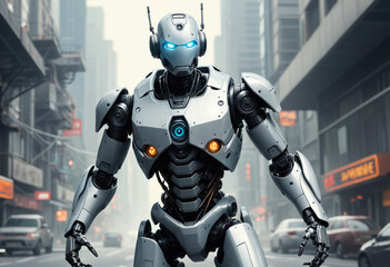  Digital illustration of a futuristic robot. 