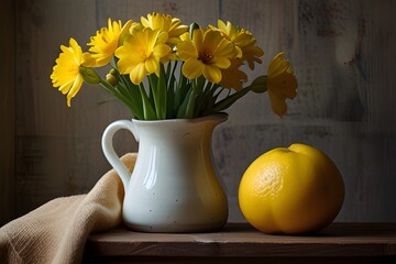 Still life with yellow spring flowers in jug Generative AI