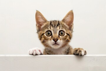 Curious kitten peeking over white surface, adorable young cat with big eyes, playful feline, whiskers and paws, cute pet concept