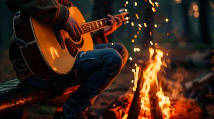 Obraz premium musician playing guitar in a camp 