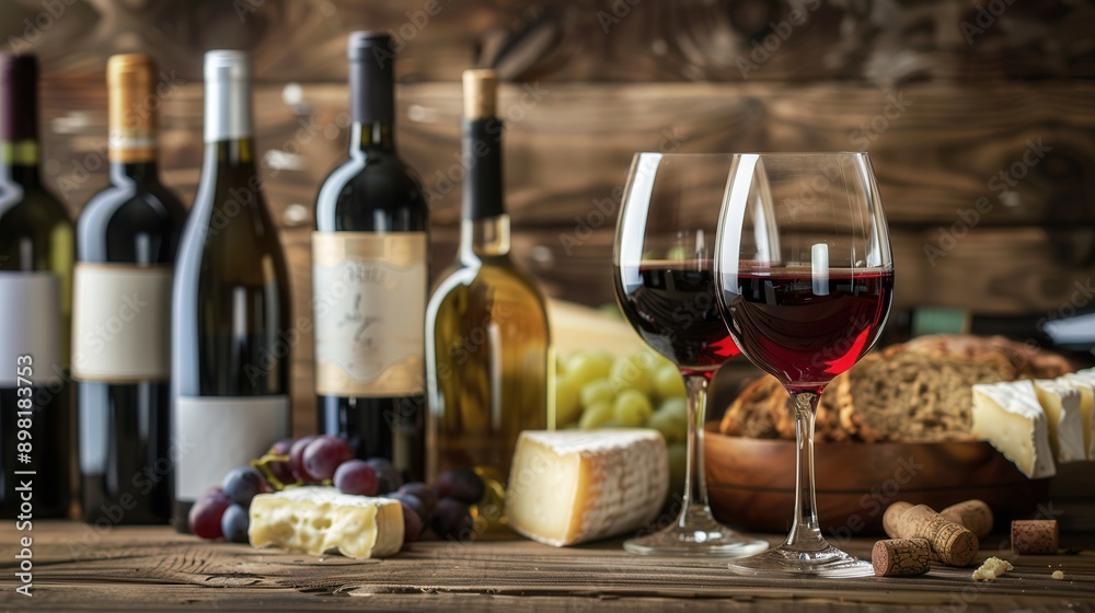 Poster two glasses of red wine, a selection of cheeses, and several wine bottles sit on a rustic wooden tab