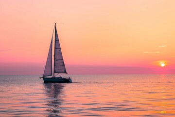 Sailboat on calm sea at enchanting sunset with vibrant sky and sun reflecting in water, tranquil maritime scenery concept