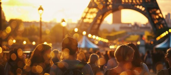 Parisian street scene at sunset, people walking near Eiffel Tower, golden light creating bokeh effect, urban atmosphere concept