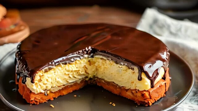 Video of delicious Boston cream pie with custard filling soft vanilla sponge and chocolate ganache on top. Iconic American dessert