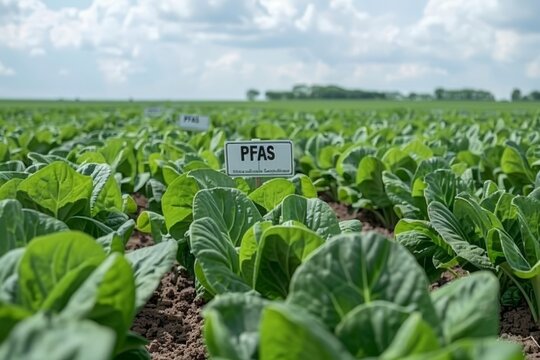 PFAS contamination sign on field grown lettuce  environmental pollution and health risks concept