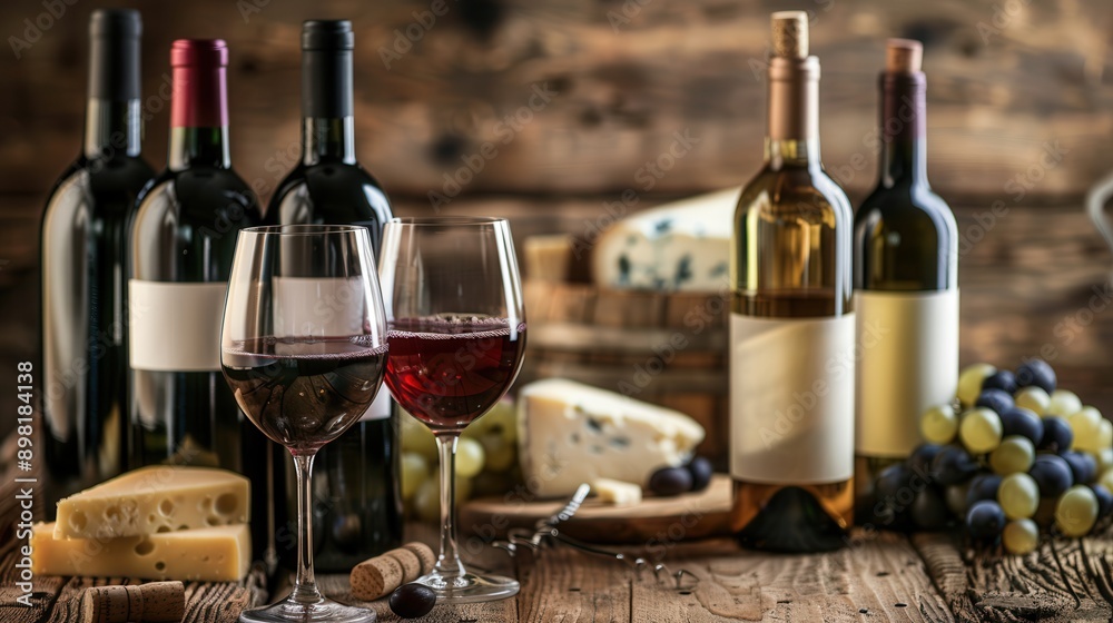 Poster wine bottles, wine glasses filled with red wine, and assorted cheeses on a rustic wooden table. gene