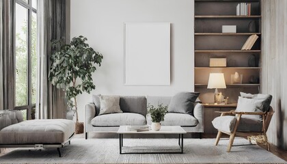 A living room with a white wall and a large window