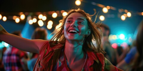 Naklejka premium A woman in a red shirt is dancing and having fun at a lively party