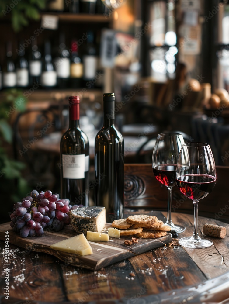 Leinwandbilder two bottles of red wine, two wine glasses filled with red wine, and a cheese plate with grapes and c