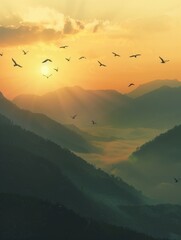 Birds flying over mountains