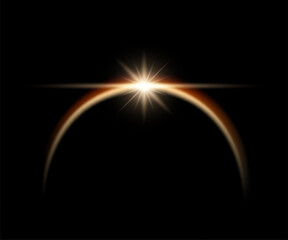 Realistic solar eclipse with shining star, lens flare light overlay effect on black background. Vector yellow glowing sunlight semicircle in black space. Dawn over the planet.