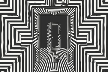 Mind bending flat line illusion poster of a door pattern black maze.