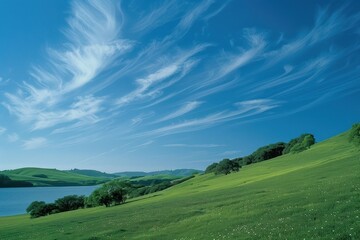 Fototapeta premium Rolling Green Hills Under a Blue Sky with White Cirrus Clouds