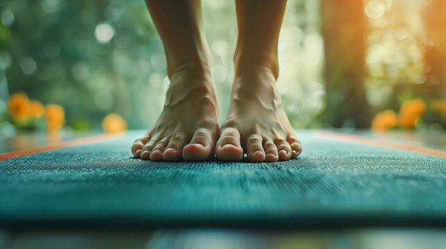 A close-up of barefoot women's feet on a mat while doing exercises at home, emphasizing the connection with the floor and the focus on fitness and well-being.








