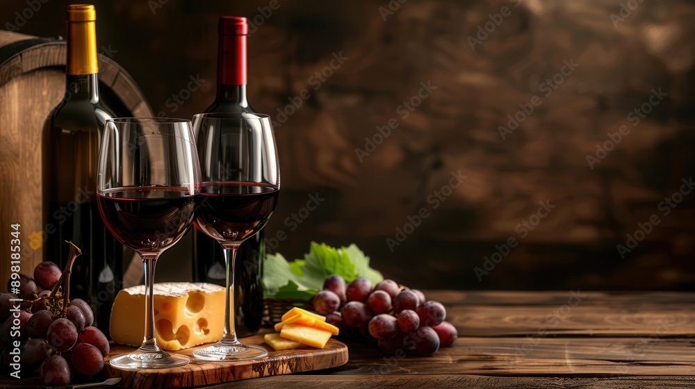 Poster two glasses of red wine, two bottles of wine, a block of cheese, and grapes are displayed on a woode