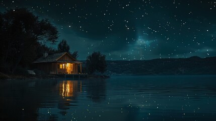 Fototapeta premium A secluded wilderness lodge that offers a genuine escape into the embrace of nature, complete with warm cabins, crackling campfires, a peaceful symphony of rest, and starry skies