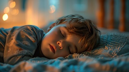 A three-year-old boy is sleeping in the prone position on a bed. Children in rooms adorned with lighting balls sleep soundly on pillows and blankets.