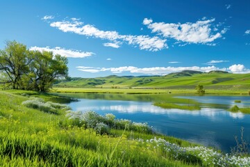 Fototapeta premium Tranquil Lake Surrounded by Rolling Green Hills and Lush Grass