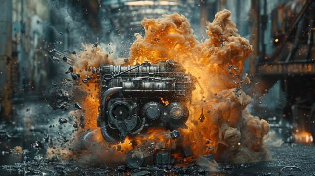 Engine explosion in a car: motion parts that are mechanical and other pistons ignites explosions engine exploding flames in a v8 working model CGD car piston crankshaft valva combustion ignition