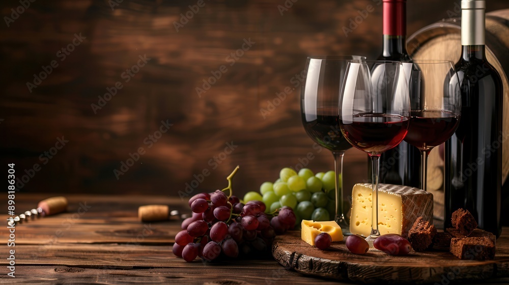 Poster two glasses of red wine, a bottle of red wine, and a cheese board with grapes and bread on a rustic 