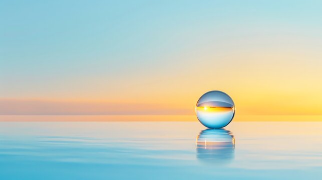A serene landscape featuring a glass sphere reflecting a tranquil sunset over calm water, creating a peaceful atmosphere. - Powered by Adobe