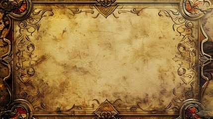 Vintage ornate frame with beige parchment background. Perfect for historical or fantasy themed projects. Intricate border with antique design style. Suitable for invitations or certificates. AI