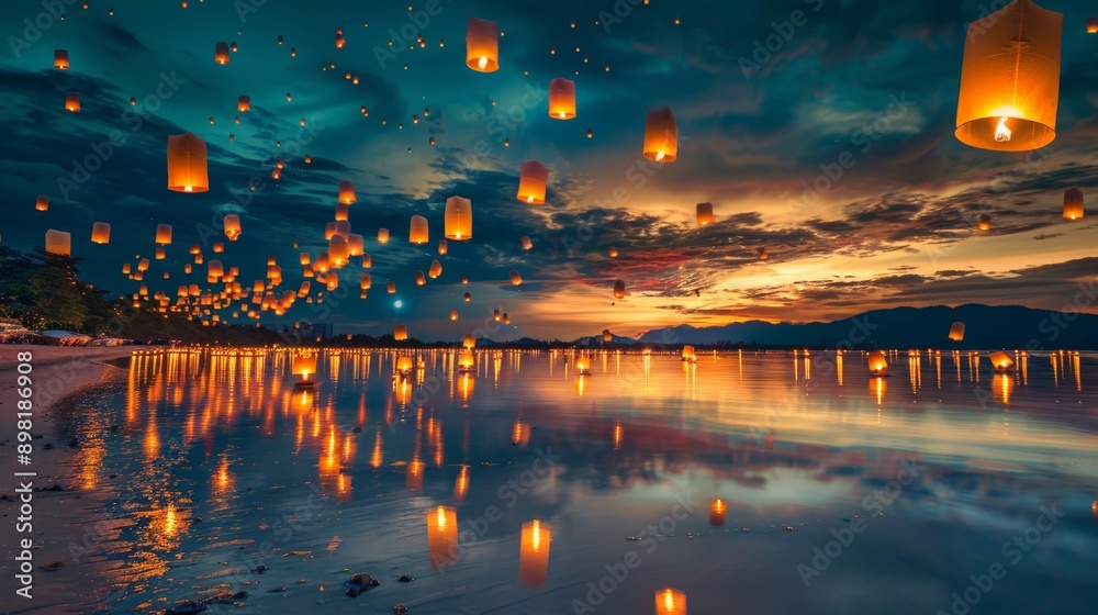 Poster a myriad of lanterns take flight and float above a tranquil body of water at twilight, illuminating 
