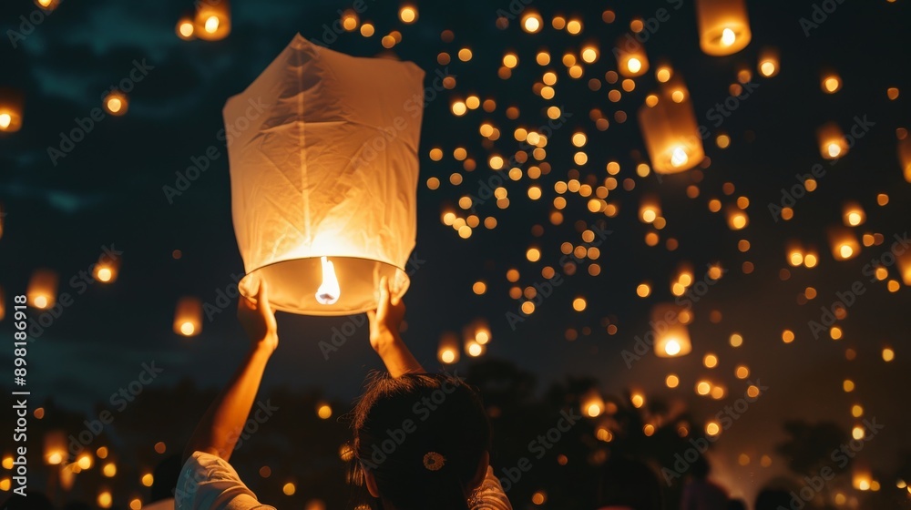Poster participants release sky lanterns into the night sky, illuminating the surroundings with a warm glow